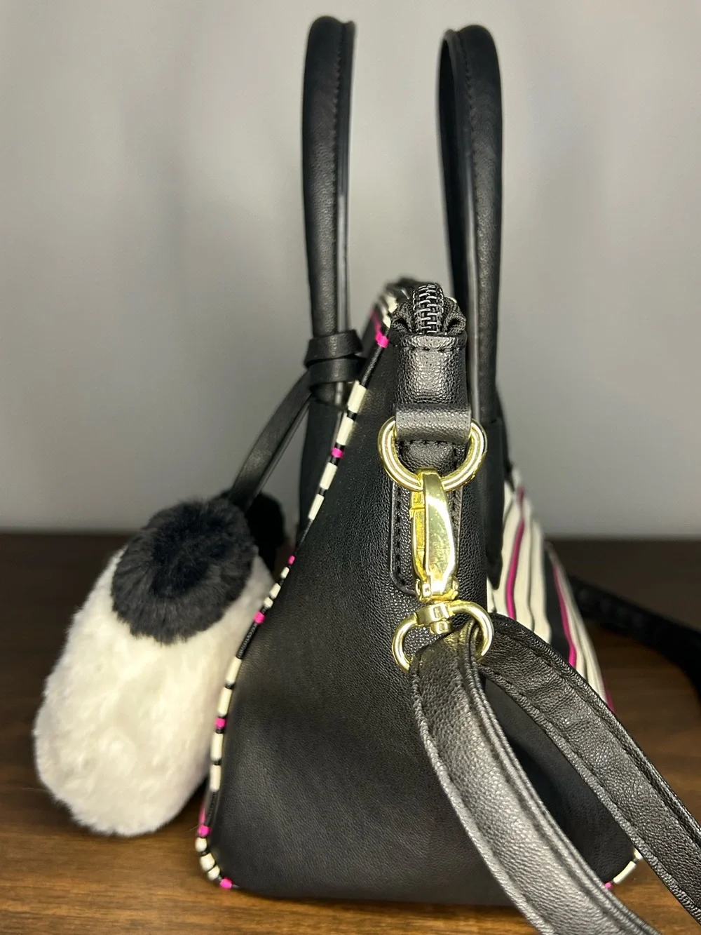 Luv Betsey Johnson Striped Black Pink Satchel Tote Panda Pom Charm
